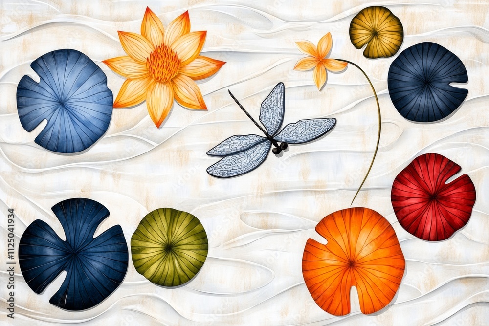 Poster A whimsical 2D depiction of a dragonfly hovering above a pond, with colorful lily pads and light ripples on a white canvas