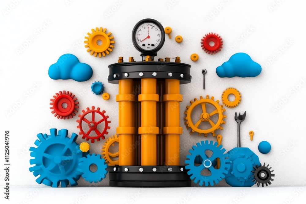 Poster A whimsical 2D depiction of an air compressor surrounded by floating tools and animated puffs of air, set on a white background