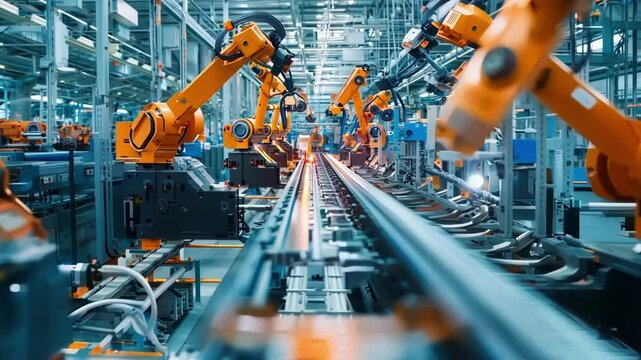 Orange robotic arms operate on a production line in a modern factory, welding metal parts while sparks fly, showcasing advanced automation and precision in manufacturing processes