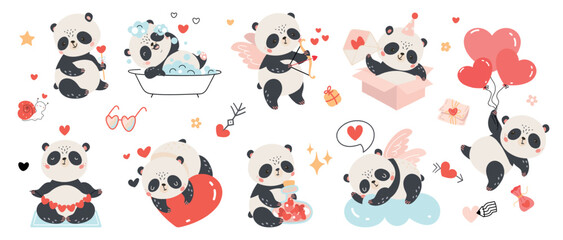 Panda in love. Funny pandas with hearts and gifts. Saint valentines day characters, exotic asian animals dreaming, take a bath, meditation, nowaday vector characters