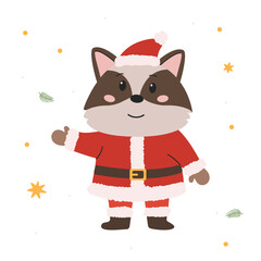 Flat vector illustration in a simple children's style. Cute raccoon in Santa Claus costume on white background