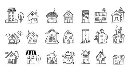 Cute hand drawn doodle houses. Vector illustration isolated on white background.