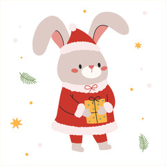 Flat vector illustration in a simple children's style. Cute rabbit in Santa Claus costume on white background