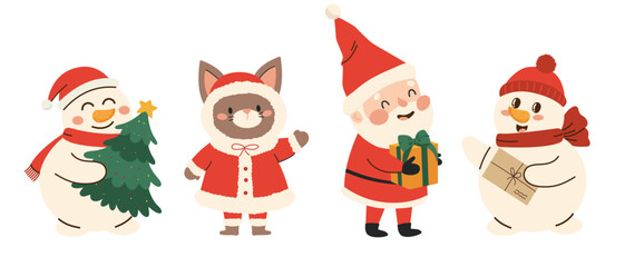 Set of cute christmas characters. Flat vector illustration in a simple children's style. Vector illustration in flat style.
