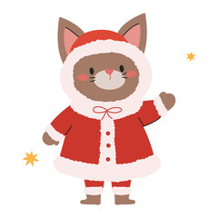 Flat vector illustration in a simple children's style. Cute kitty in Santa Claus costume on white background