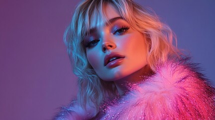 A charming blonde woman with a playful demeanor is wearing a fluffy fur coat and a sparkling dress. She smiles at the camera while posing in a studio illuminated with blue, violet, and pink lights.