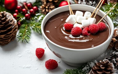 A rich chocolate dip surrounded by fresh raspberries, marshmallows, and festive pinecones, perfect for holiday gatherings.