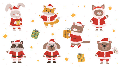 Collection of cute Christmas characters. Flat vector illustration in a simple children's style. Cute cartoon animals. Vector illustration.