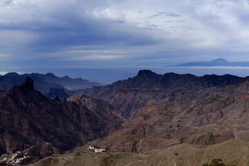 Gran Canaria, landscape of the central part of the island, Las Cumbres, ie The Summits, Roque Bentayga formation in Caldera de Tejeda