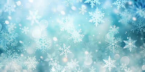 Fototapeta premium Winter Wonderland Blue Bokeh, Scattered Snowflakes, Festive Design