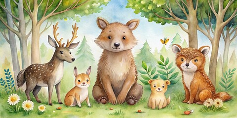 Naklejka premium Watercolor Forest Friends Bear, Deer, Fox, Rabbit Composition