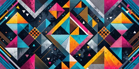 Obraz premium Vibrant Geometric Abstract Triangles, Stripes, and Grunge Texture