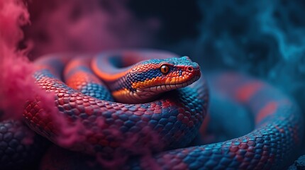 Colorful snake in vibrant smoke, showcasing stunning patterns.