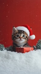 Cool feline Santa hat holding festive red Festive Cat in Santa Hat Cool Holiday Kitty Vibes Red & Whiskers Christmas.Santa Hat Feline Fun.Paws and Holiday Cheer