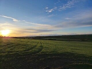 Obraz premium Sunrise over Grassland with Cumulus Clouds in Natural Landscape
