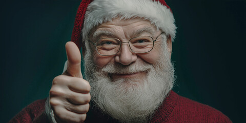 Naklejka premium Santa Claus on a dark background shows class with his finger with a smile on his face. Close-up. New Year concept. Advertising banner.