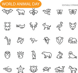 World Animal Day Diverse Animal Icons, Editable Line Art