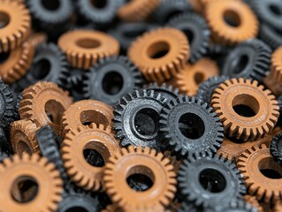 A close-up of assorted gears in brown and black, showcasing intricate design and texture, ideal for mechanical applications.