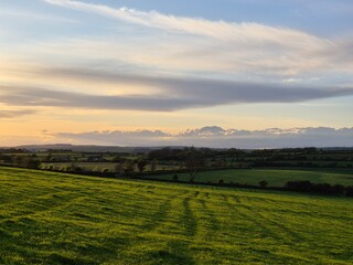 Cloudy Dusk over Agricultural Highland Landscape with Grass and Plants