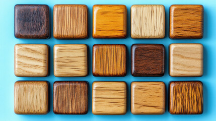 Fototapeta premium Wooden squares in various shades and textures arranged on blue background, showcasing minimalistic design ideal for text overlay or product display