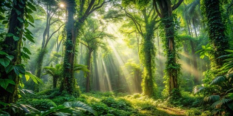 Fototapeta premium Sunlit Rainforest Lush Canopy, Golden Rays, Tranquil Scene