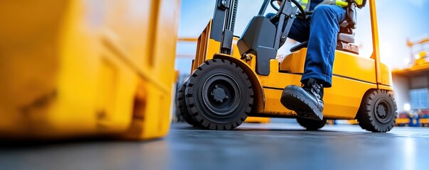 A close-up view of a forklift in action, highlighting the operator's foot on the pedal and the industrial setting.
