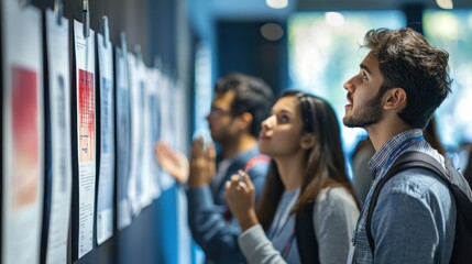 A poster session at a conference with participants discussing displayed research.