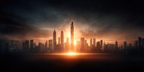 Fototapeta premium Futuristic skyline with a glowing tower against a dramatic sunset.