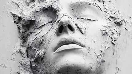 Face emerging from cracking white material symbolizing rebirth and transformation