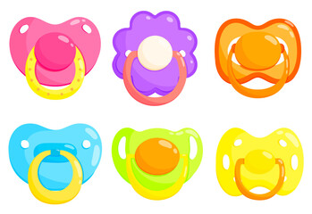 Baby colourful dummy set of vector illustrations. Pacifier, soother, teether, comforter. Front view