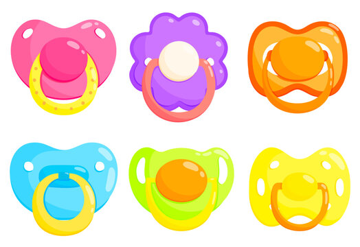 Baby colourful dummy set of vector illustrations. Pacifier, soother, teether, comforter. Front view