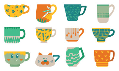 Ceramic cups. Decorative crockery, cup and mugs for tea cocoa coffee. Different flat accessories for drinks, hot beverages for adult and kids, neoteric vector set