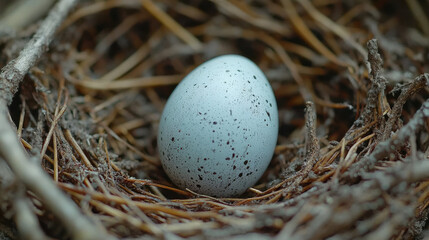 Obraz premium solitary speckled egg rests in nest made of twigs and dried grass, showcasing nature delicate beauty and simplicity. serene environment highlights egg unique patterns