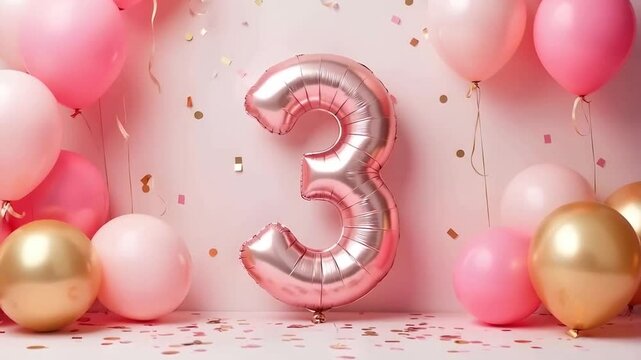 A pink and gold 3rd birthday anniversary celebration with balloons and confetti	
