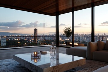 Fototapeta premium A breathtaking view of a city skyline captured from a luxurious high-rise apartment, showcasing intricate architectural designs and the tranquil urban environment at sunset.