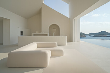Real estate and architecture. Modern and minimalist arquitecture of white house with infinity swimming pool and sea views