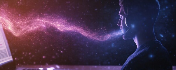 A person sits at a computer, exhaling a colorful stream of light that resembles a galaxy, symbolizing creativity and the connection between technology and imagination.