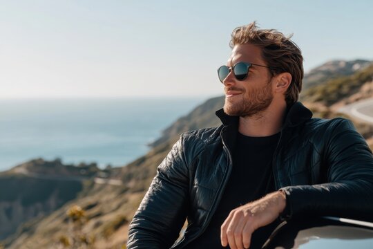 A handsome man dressed in a black jacket gazing thoughtfully at the stunning coastal view during a road trip, representing a sense of adventure and freedom.