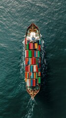 Aerial photograph of a colorful cargo ship navigating through open ocean, showcasing maritime transport and global trade logistics.
