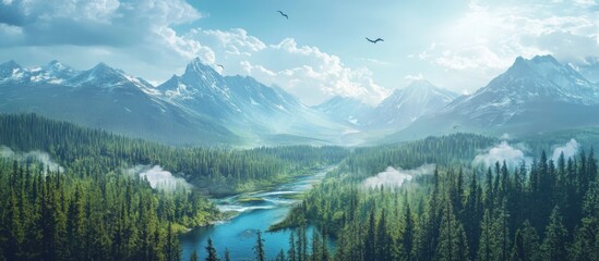 Naklejka premium Serene mountain valley landscape with river, forest, and birds in flight.