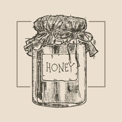 Jar of honey, illustration in medieval engraving style