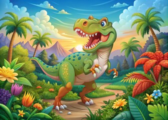 Naklejka premium Colorful Cartoon Illustration of a Tyrannosaurus Rex Dinosaur in a Playful Style Surrounded by a Fun, Vibrant Landscape Perfect for Children's Books and Educational Materials