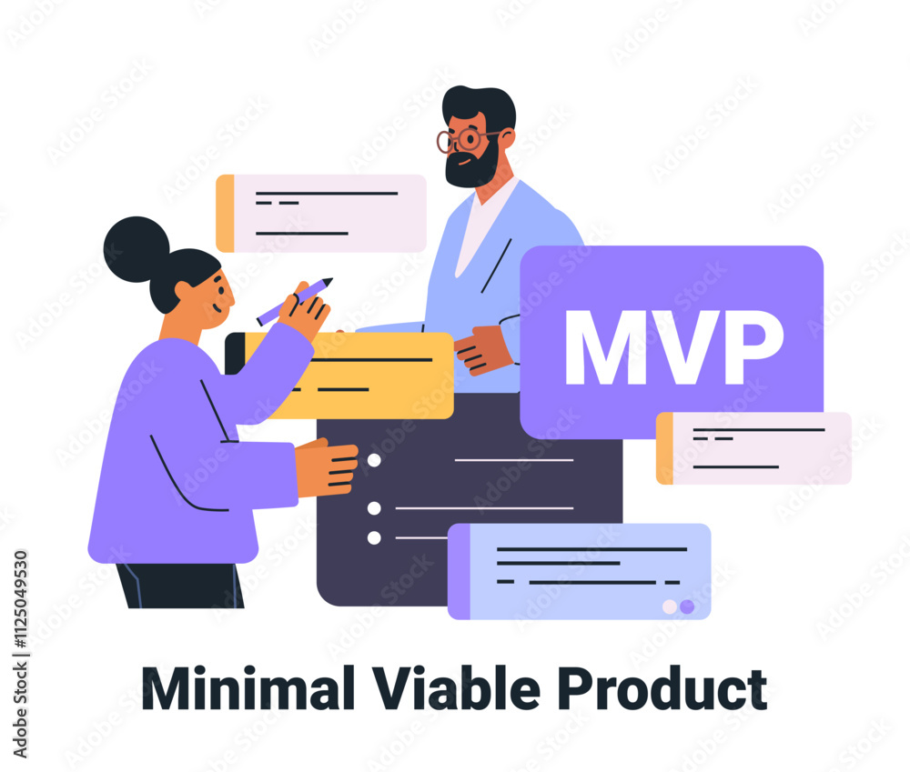 Poster minimal viable product concept teamwork characters collaborating colorful elements abstract design