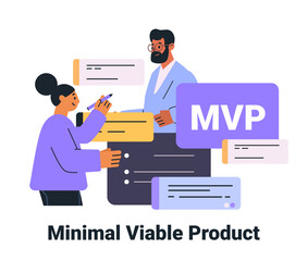 Minimal Viable Product concept teamwork characters collaborating colorful elements abstract design