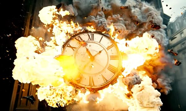 Burning Clock Amid Explosive Chaos