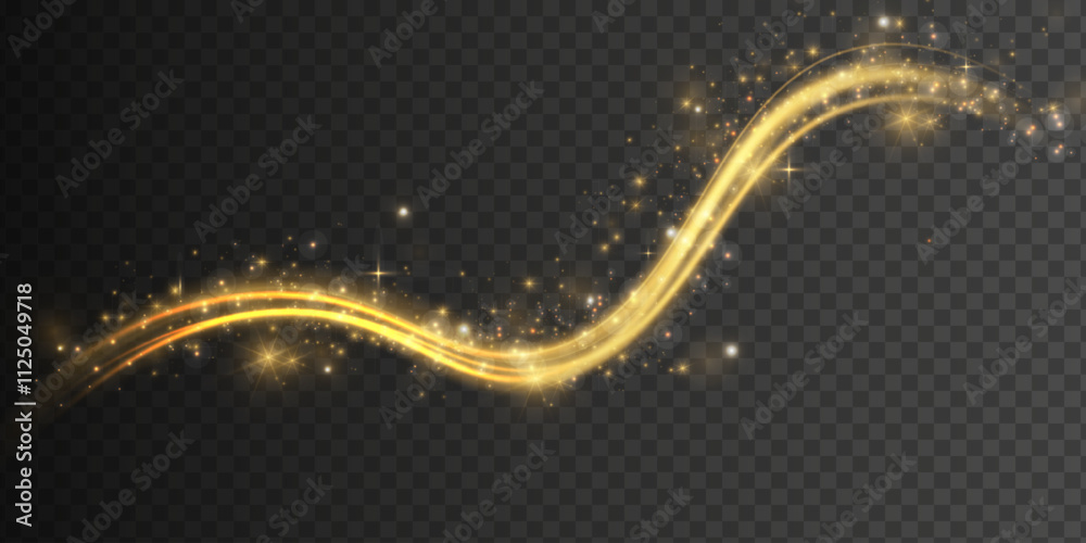 Poster magical golden glowing trail with dynamic magical dust and stars isolated on a dark transparent back