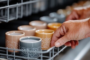 A detailed image showcasing beautifully colored mugs inside a modern dishwasher, highlighting the convenience and functionality of contemporary kitchen appliances.