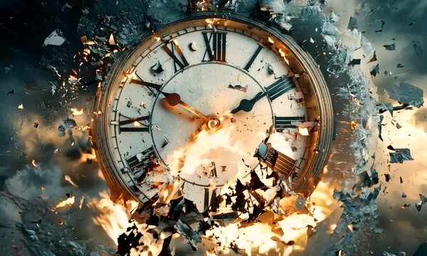 Burning Clock Amid Explosive Chaos