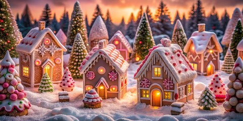 Obraz premium Enchanted Gingerbread Village Sunset Glow, Illuminated Houses, Festive Treats