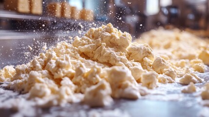 A mound of flour is spread across a counter in a busy bakery where bakers prepare bread and pastries. Dust particles float in the air, capturing the lively atmosphere of baking.